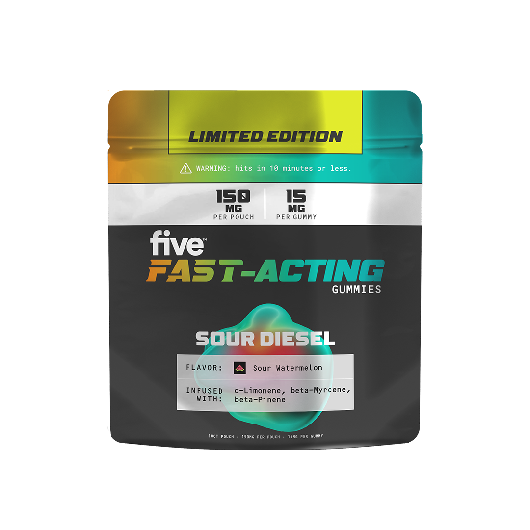 Fast-Acting Sour Diesel gummies pouch, limited edition; flavor Sour Watermelon; 15 mg per gummy; infused with d-Limonene.