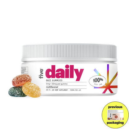 White jar labeled daily BUZZ GUMMIES; three sugar-coated gummies in front; '100MG PER JAR' badge; 'previous packaging' thumbnail