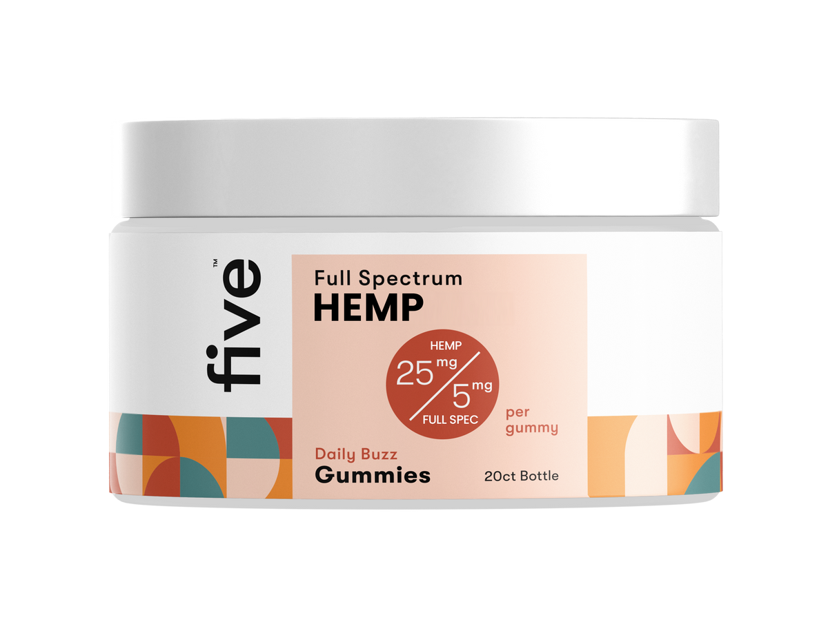 Full Spectrum HEMP Daily Buzz Gummies label; circle: HEMP 25 mg / 5 mg FULL SPEC; per gummy; 20ct Bottle