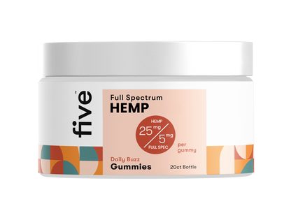 Full Spectrum HEMP Daily Buzz Gummies label; circle: HEMP 25 mg / 5 mg FULL SPEC; per gummy; 20ct Bottle