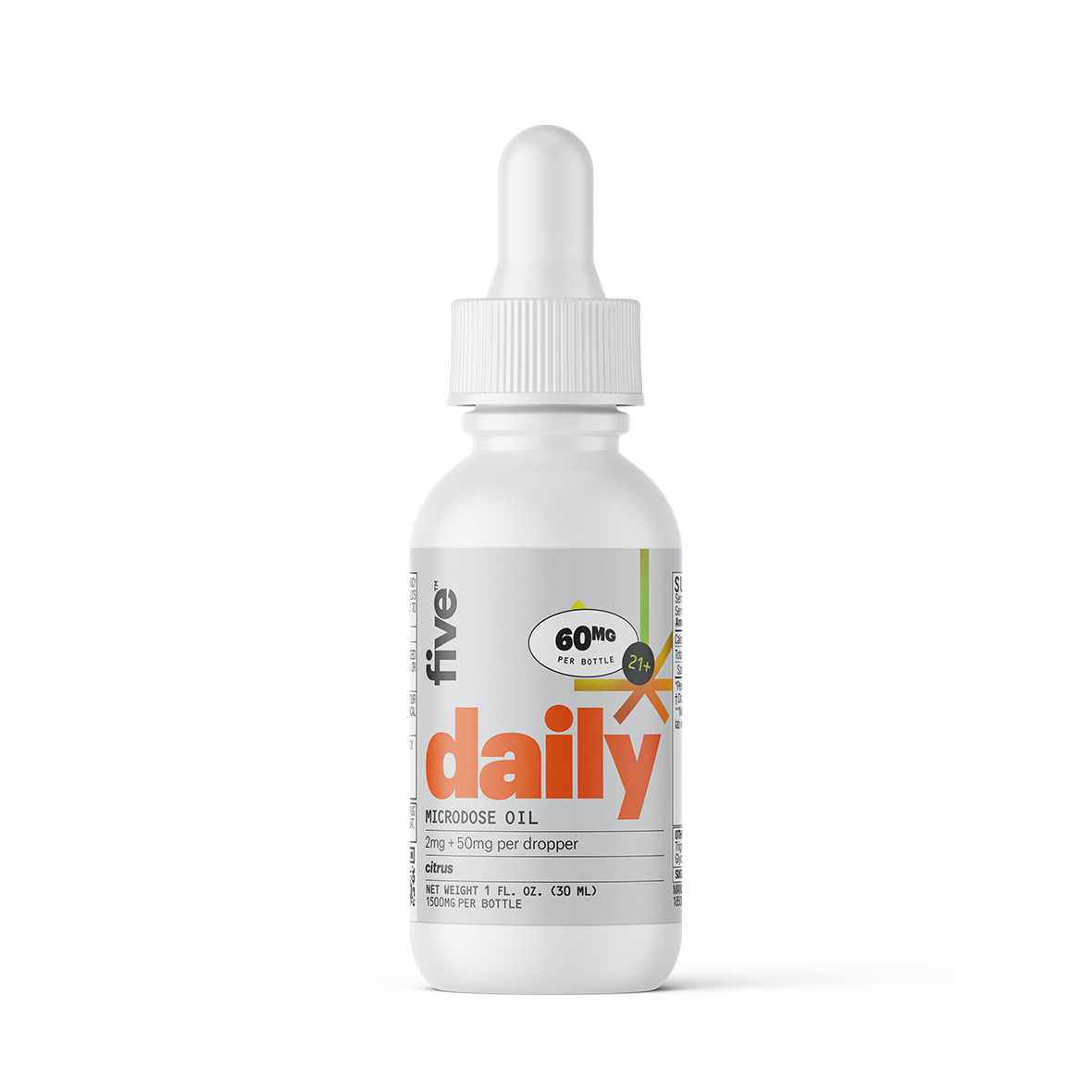 60MG PER BOTTLE 21+ daily MICRODOSE OIL 2mg + 50mg per dropper citrus NET WEIGHT 1 FL. OZ. (30 ML) 1500MG PER BOTTLE.