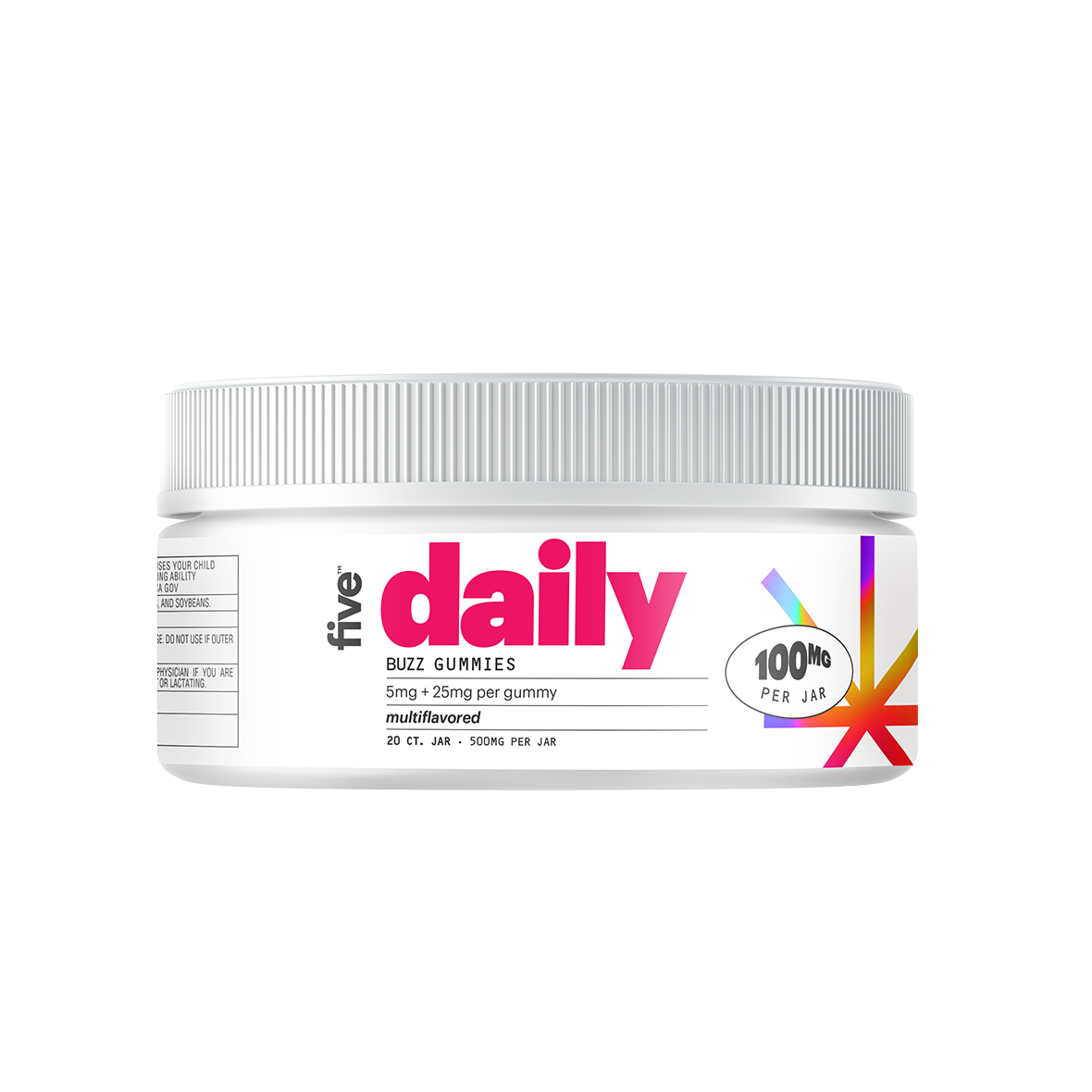 five daily BUZZ GUMMIES - 5mg + 25mg per gummy; multiflavored; 20 CT. JAR · 500MG PER JAR; 100MG PER JAR