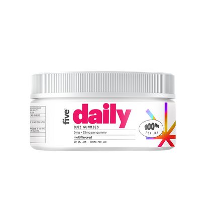 five daily BUZZ GUMMIES - 5mg + 25mg per gummy; multiflavored; 20 CT. JAR · 500MG PER JAR; 100MG PER JAR