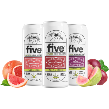 Three cans, INFUZED HEMP SELTZER, GRAPEFRUIT, BLACK CHERRY, GUAVA PASSIONFRUIT, FAST-ACTING, FULL HEMP EXTRACT