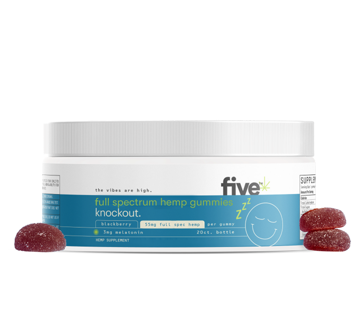 five full spectrum hemp gummies knockout. blackberry 55mg full spec hemp per gummy 3mg melatonin 20ct. bottle zzz