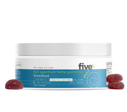 five full spectrum hemp gummies knockout. blackberry 55mg full spec hemp per gummy 3mg melatonin 20ct. bottle zzz