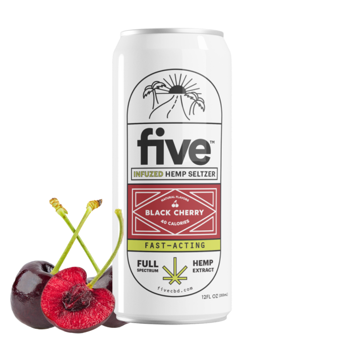 five black cherry infused hemp seltzer can labeled 'FAST-ACTING, FULL SPECTRUM HEMP EXTRACT' with cherries