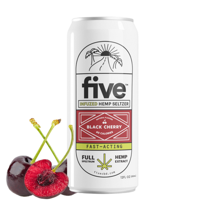 five black cherry infused hemp seltzer can labeled 'FAST-ACTING, FULL SPECTRUM HEMP EXTRACT' with cherries