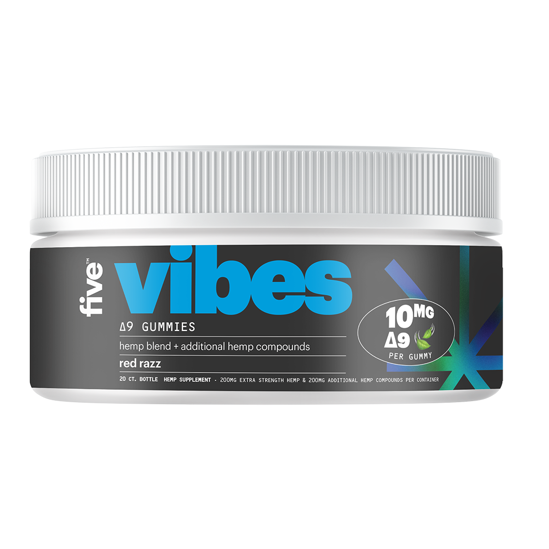 Jar of Vibes Delta 9 gummies, red razz flavor, 10 MG Delta 9 per gummy, hemp blend supplement.