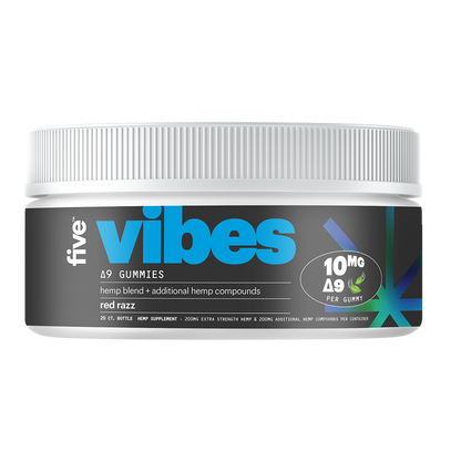 Jar of Vibes Delta 9 gummies, red razz flavor, 10 MG Delta 9 per gummy, hemp blend supplement.