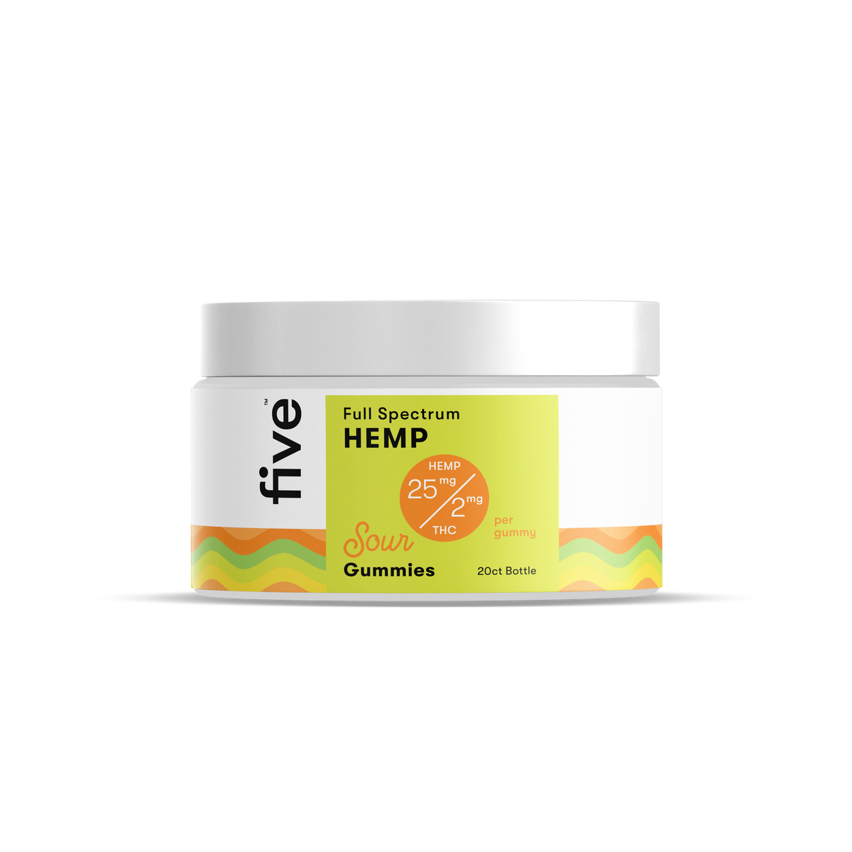 Jar of five Full Spectrum HEMP Sour Gummies, HEMP 25 mg / 2 mg THC per gummy, 20ct Bottle