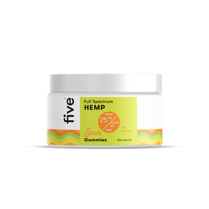 Jar of five Full Spectrum HEMP Sour Gummies, HEMP 25 mg / 2 mg THC per gummy, 20ct Bottle