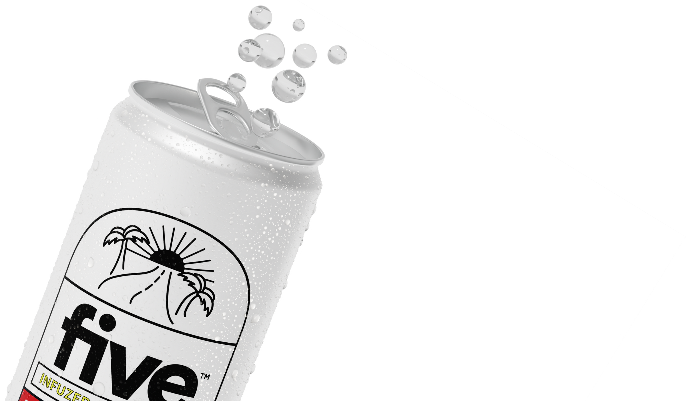 Tilted white, condensation-covered beverage can with bubbles and palm-tree sunrise logo; visible text: five, INFUZED, TM