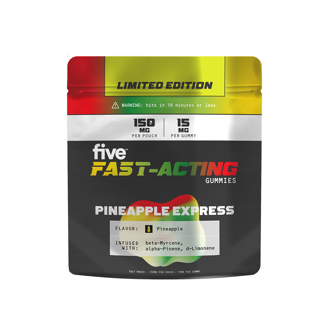 LIMITED EDITION five FAST-ACTING gummies — PINEAPPLE EXPRESS pouch; 150 MG per pouch; 15 MG per gummy; flavor: Pineapple