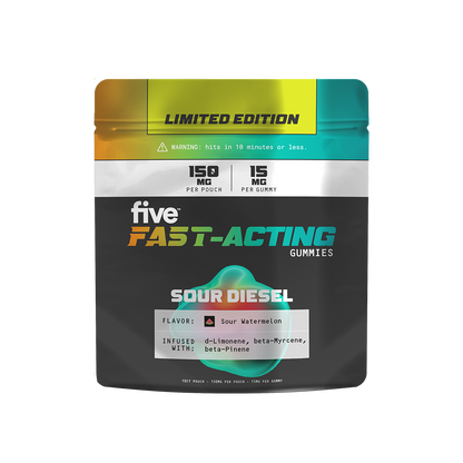 Fast-Acting Sour Diesel gummies pouch, limited edition; flavor Sour Watermelon; 15 mg per gummy; infused with d-Limonene.