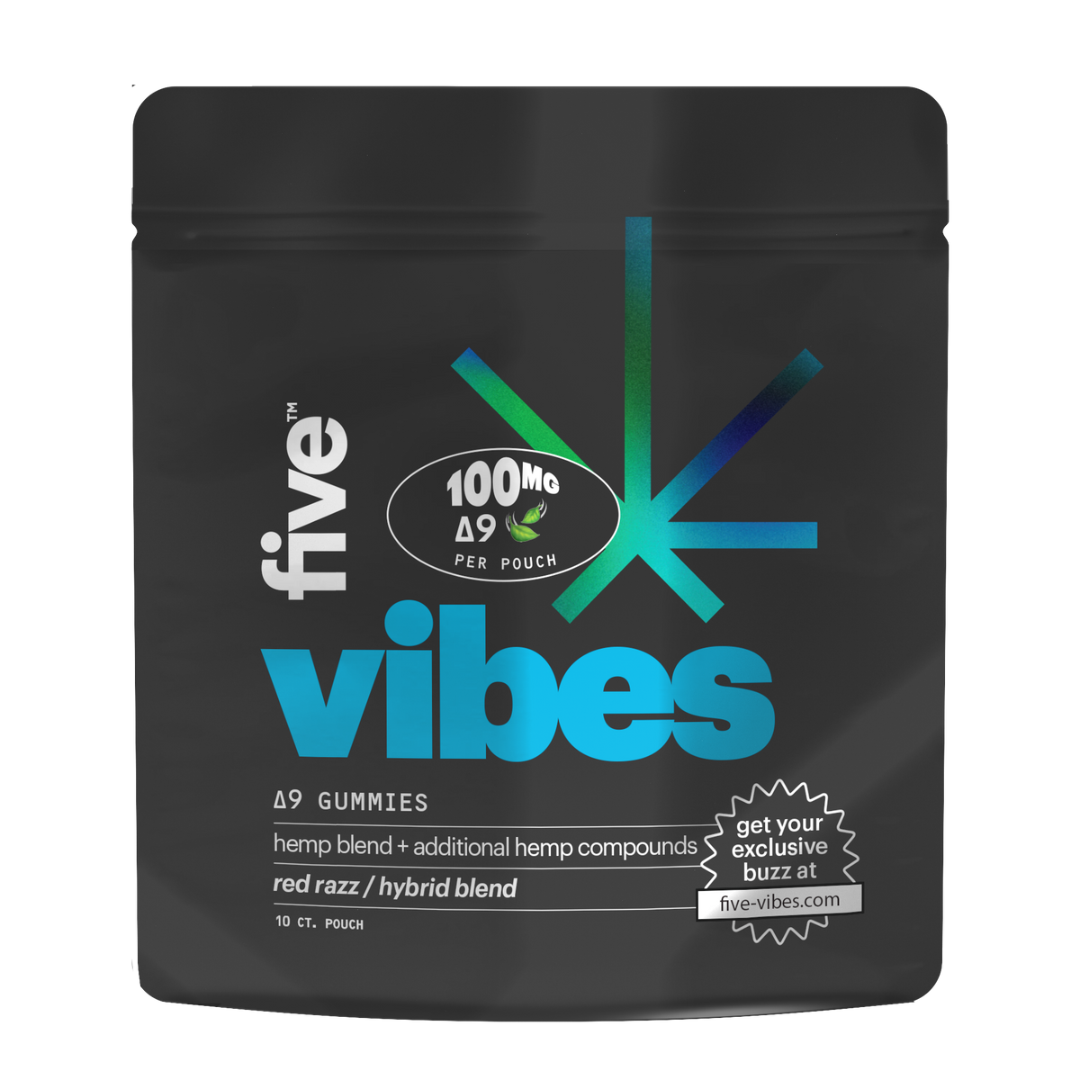 five vibes Δ9 gummies pouch — 100MG PER POUCH; hemp blend + additional hemp compounds; red razz / hybrid blend; 10 CT. POUCH; five-vibes.com