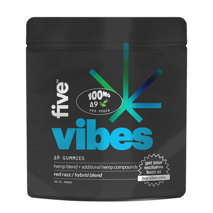 five vibes Δ9 gummies pouch — 100MG PER POUCH; hemp blend + additional hemp compounds; red razz / hybrid blend; 10 CT. POUCH; five-vibes.com