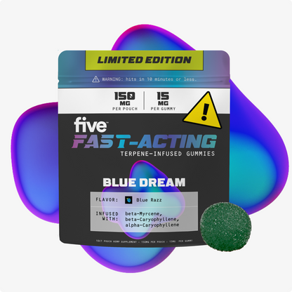 FAST-ACTING terpene-infused gummies, BLUE DREAM; warning: hits in 10 min or less; 150 MG pouch, 15 MG gummy