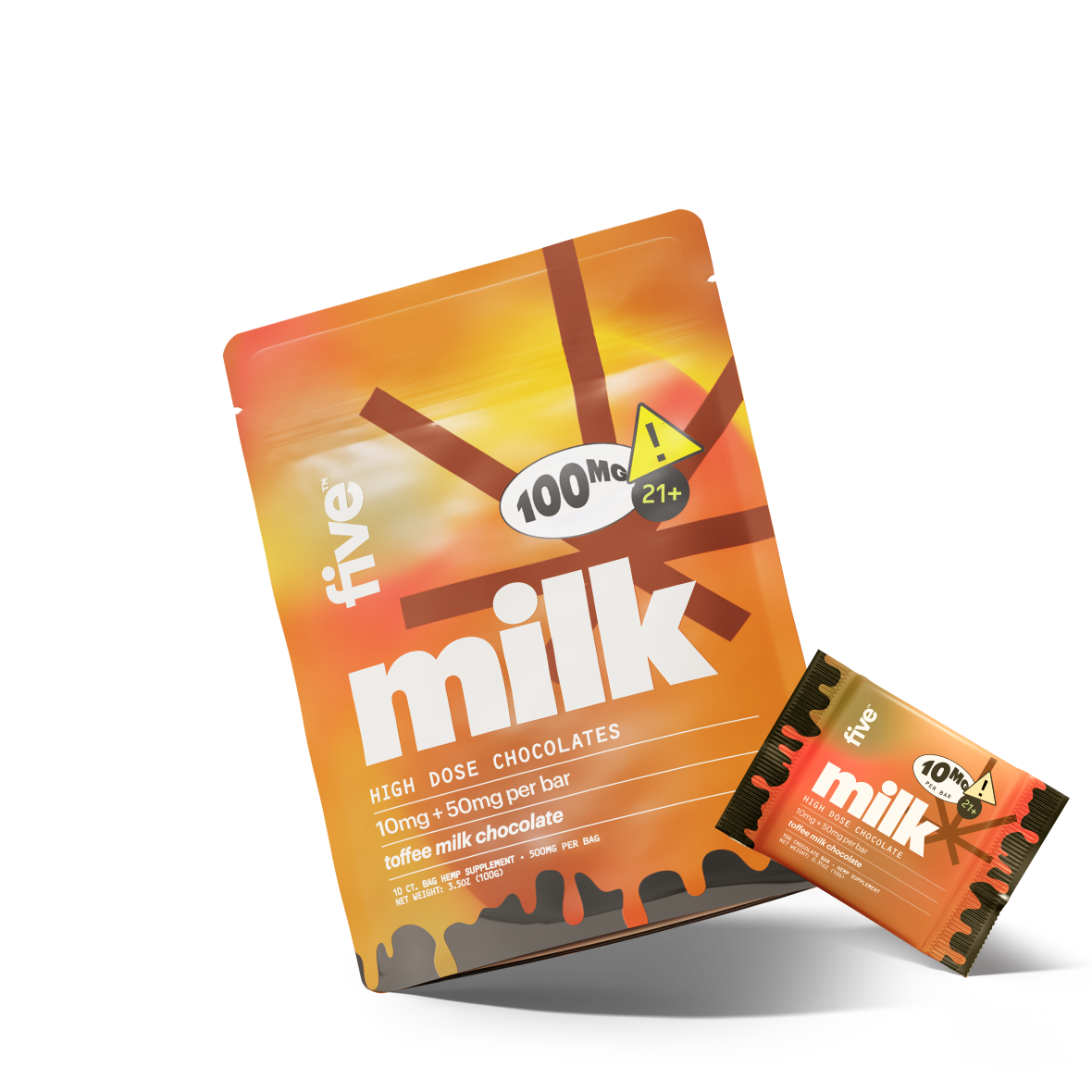 milk high dose chocolates packaging — 100MG 21+ 10MG; HIGH DOSE CHOCOLATES; 10mg + 50mg per bar; toffee milk chocolate
