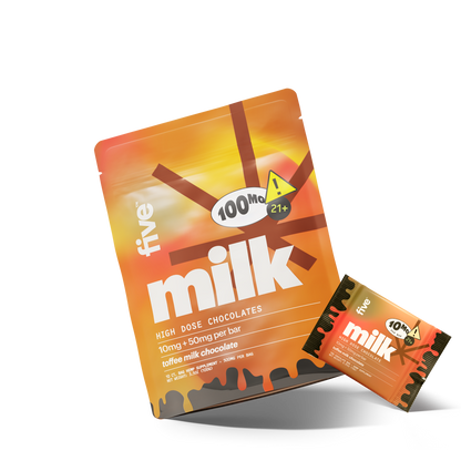 milk high dose chocolates packaging — 100MG 21+ 10MG; HIGH DOSE CHOCOLATES; 10mg + 50mg per bar; toffee milk chocolate