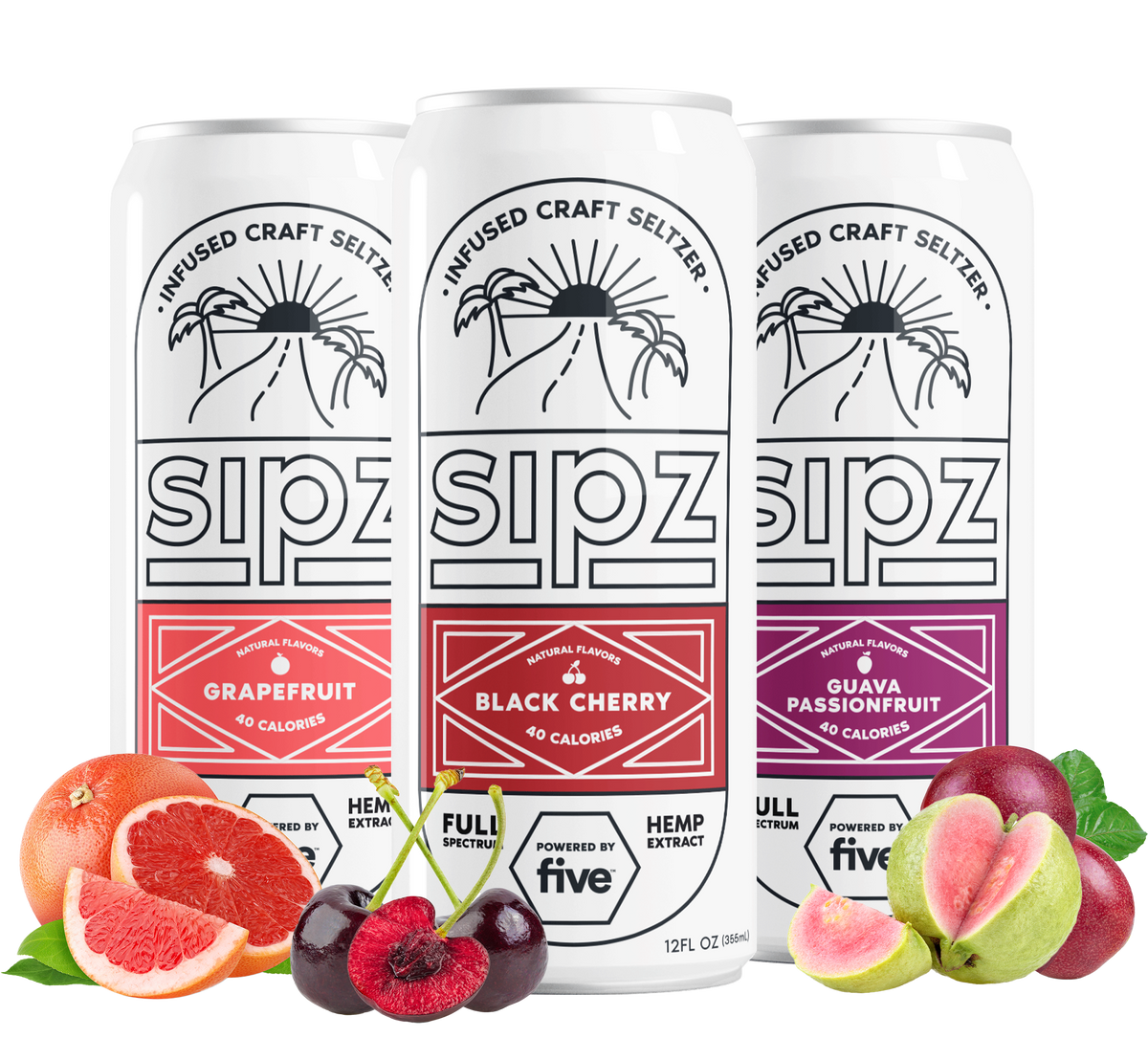 Three Sipz seltzer cans — Grapefruit, Black Cherry, Guava Passionfruit flavors; 'Infused Craft Seltzer' label and fruit illustrations.