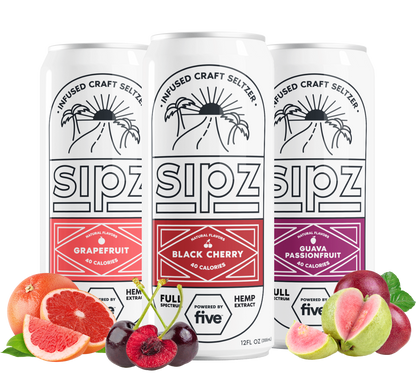 Three Sipz seltzer cans — Grapefruit, Black Cherry, Guava Passionfruit flavors; 'Infused Craft Seltzer' label and fruit illustrations.